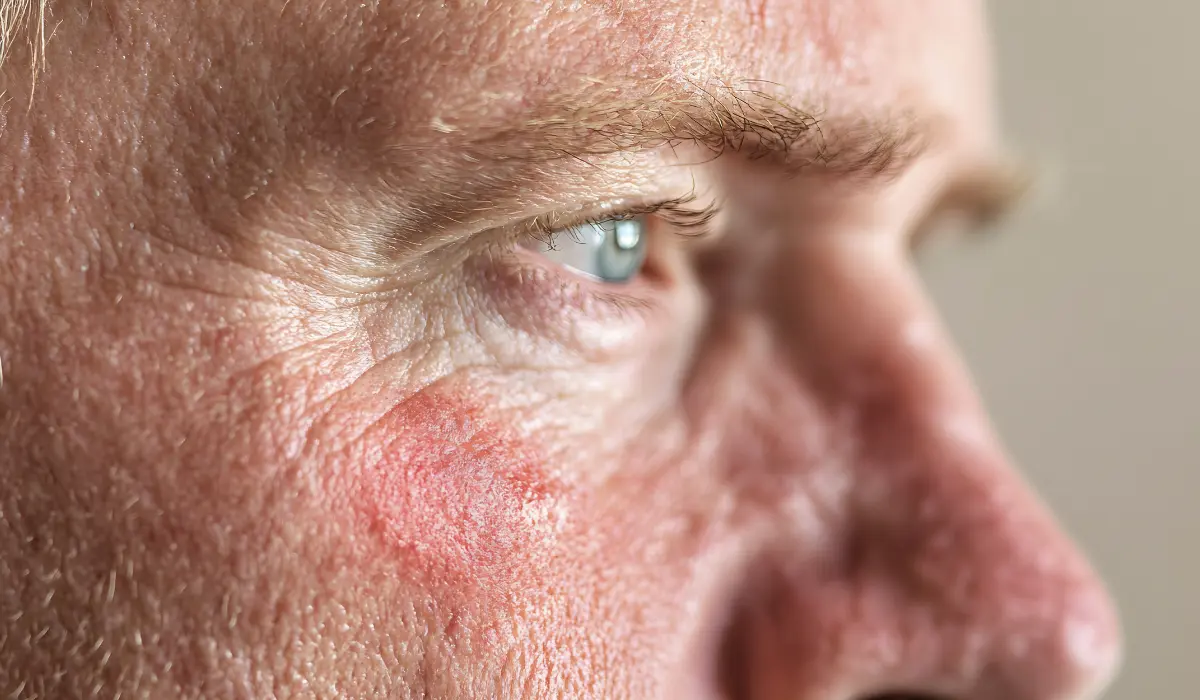 Homme la cinquantaine au visage marqué par la couperose